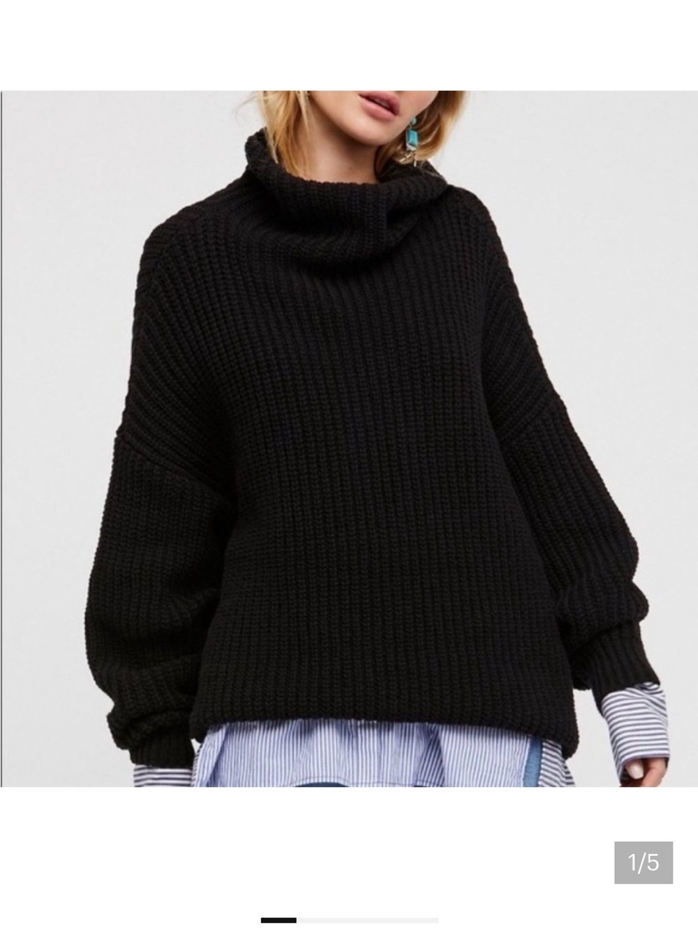Free People Swim Too Deep Black Ribbed Knit Turtleneck Chunky Sweater
